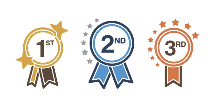 1st 2nd 3rd medal vector set, first place, second place, third place award winner badges, guarantee, winning prize ribbon symbols, sign icons, logo templates, and clip art illustrations for digital an