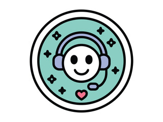 A smiling cartoon face with headphones and a microphone represents customer service.