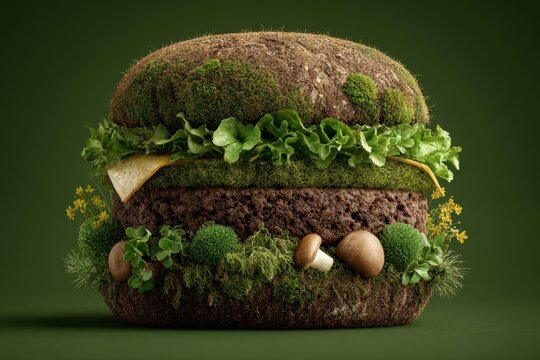 Plant based burger presented in realistic detail with various greens and mushrooms in a vibrant setting, highlighting sustainability and healthy eating