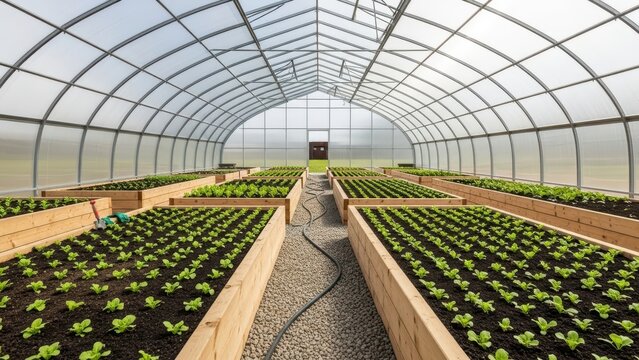 Vibrant greenhouse filled with lush green vegetable beds in wooden planters - Powered by Adobe