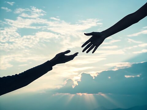 Two silhouetted hands reaching for each other against a cloudy sky