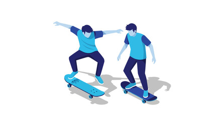 Obraz premium Isometric skateboarding duo practicing tricks on blue skateboards