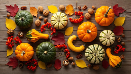 Autumn Harvest Arrangement Pumpkins, Gourds, and Seasonal Elements on Wooden Surface