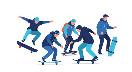 Fototapeta premium Youthful energy: dynamic skateboarders performing tricks in a flat style illustration