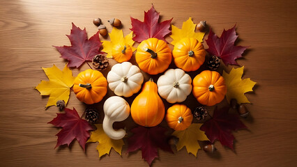 Colorful autumn harvest celebration scene with pumpkins, gourds, and vibrant fall leaves arranged on wood, great for seasonal decor and festive gatherings
