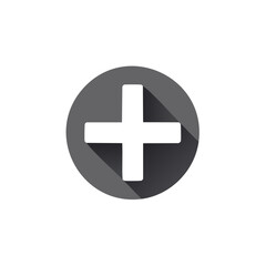 Obraz premium Modern white plus symbol in dark grey circle with long shadow for UI and adding features.