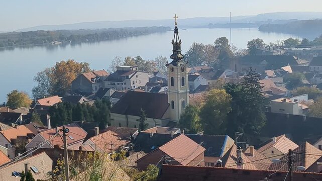 Church of Holy Father Nicholas (Crkva Svetog oca Nikolaja) towers over Zemun, view from Gardo&scaron; hill. Belgrade, Serbia.