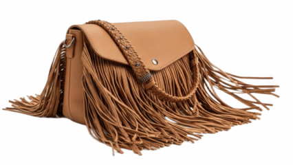 Tan fringe crossbody handbag with long swinging tassels and braided strap, boho western style women’s purse for music festivals, travel and casual outfits, trendy fashion accessory isolated

