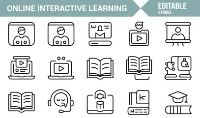 Outline icons of online lessons, webinars, and virtual tutoring