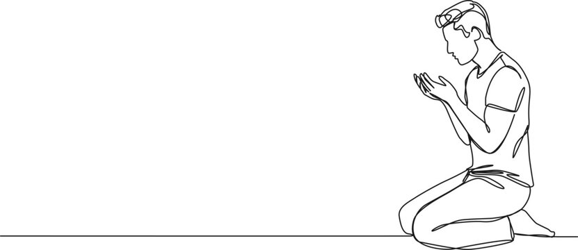 continuous line drawing of man kneeling on ground praying, line art vector illustration
