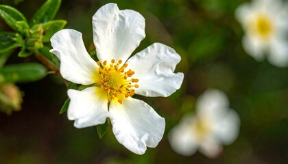 Close-up of a white flower with yellow center, green leaves in background; another flower is partially blurred