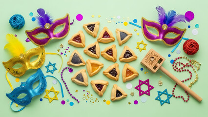 Colorful Carnival Celebration Hamantaschen, Masks, and Festive Elements on Light Green Background