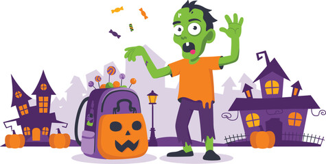 Horizontal Halloween banner featuring surprised zombie boy with pumpkin backpack full of candy in spooky town vector illustration.