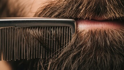 Close-up of male lips with beard and comb grooming