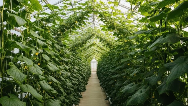 Lush indoor greenhouse with rows of vibrant green cucumber plants