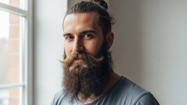Bearded caucasian male with long hair and mustache in casual shirt
