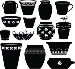 Set of decorative pottery silhouettes including vases bowls and flower pots vector illustration collection isolated on white background.