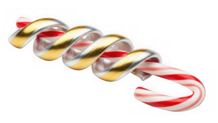 Candy cane with a festive gold and silver spiral decoration, isolated on transparent background