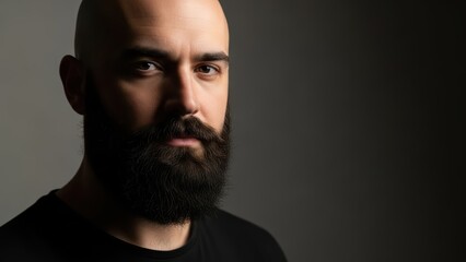 Fototapeta premium Bearded bald caucasian male adult with black shirt in dramatic lighting