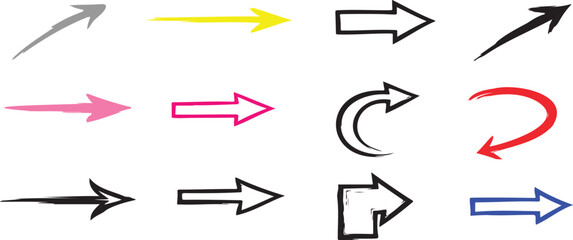 Vector illustration of collection of diverse arrow icons and symbols in various styles and colors