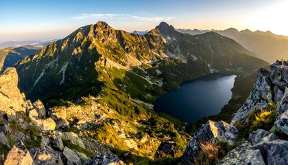 Dramatic mountain peaks overlook a calm, deep blue lake under a golden, hazy sky at dusk