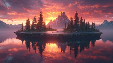 Breathtaking sunset over a serene lake with a forested island and majestic mountains reflecting in the calm water, creating a tranquil and picturesque landscape