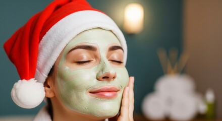Joyful woman in festive Santa hat applying a rejuvenating green face mask, embracing holiday self-care and festive pampering for a radiant glow