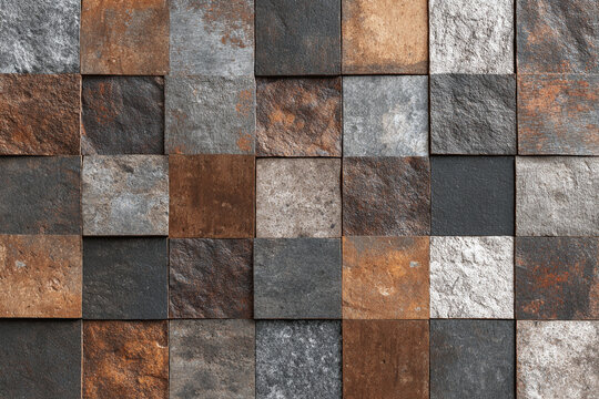 Textured square tiles in earthy tones of brown grey and rust form a repeating pattern creating a rustic and industrial backdrop