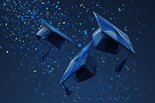 Graduation caps soar in celebration with blue confetti during a joyful ceremony marking academic achievement at a university - Powered by Adobe