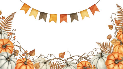 Elegant watercolor autumn border showcasing vibrant pumpkins, delicate ferns, and a cheerful banner, capturing the essence of fall harvest celebration
