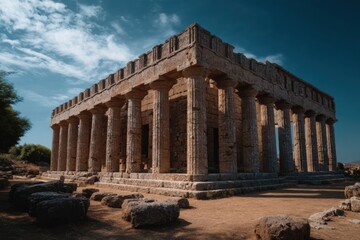 Obraz premium Ancient temple structure with tall columns under a blue sky filled with scattered clouds during daytime in a serene landscape
