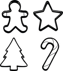 Black Outline Vector of Four Festive Cookie Cutter Shapes Featuring Gingerbread Person, Star, Tree, and Candy Cane for Holiday Baking and Craft Design