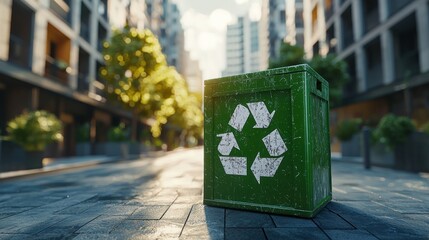 Recycle Bin on City Street Environmental Stewardship and Urban Sustainability Concept