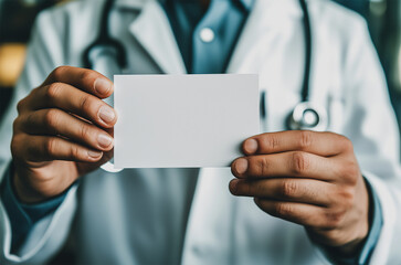 Doctor holds blank card with copy space in medical environment