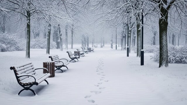 Tranquil snow-covered park pathway with benches and bare trees - Powered by Adobe