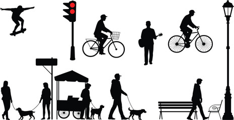Set of urban street silhouettes featuring cyclists dog walkers skateboarder and street elements vector illustration collection isolated.