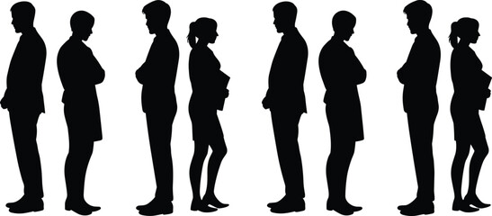 Silhouettes of business men and women standing back to back in a row vector illustration.