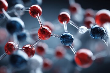 Molecular structure showcasing red, blue, and white spheres connected by bonds in a scientific composition representing chemical interactions and molecular diversity