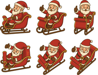 Set of Jolly Santa Claus Giving Thumbs Up in Sleigh Illustrations