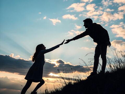Silhouette of a man reaching down to help a woman up a hill