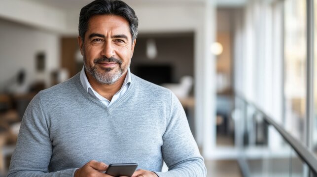 A mature man with a beard uses a mobile device, possibly checking his NFT collection. He is in a modern house, smiling directly at the viewer