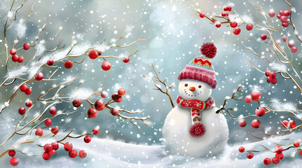 Cheerful snowman in a whimsical winter wonderland with berries and branches