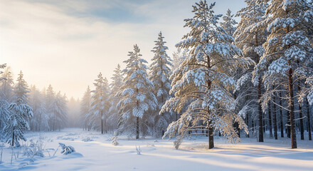 Snowy forest landscape in winter with snow-covered trees creating a serene and peaceful scene ideal for seasonal backgrounds