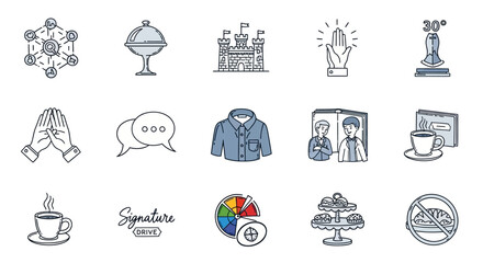 Linear outline icons: global, religion, communication, fashion, culinary, and prohibition themes
