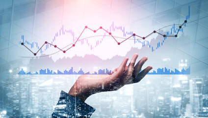 A businessman hand presents a financial growth chart with a cityscape layered background, symbolizing the intersection of data analytics and business success. Scalp