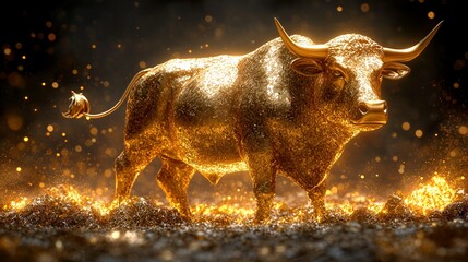 Golden bull standing on gold, dark background.