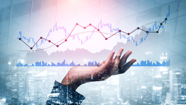 A businessman hand presents a financial growth chart with a cityscape layered background, symbolizing the intersection of data analytics and business success. Scalp
