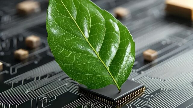 Exploring the connection between nature and technology with a leaf on a computer circuit board