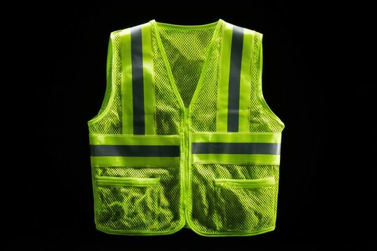 Fluorescent green safety vest with retroreflective stripes for visibility during outdoor activities and work in low-light conditions