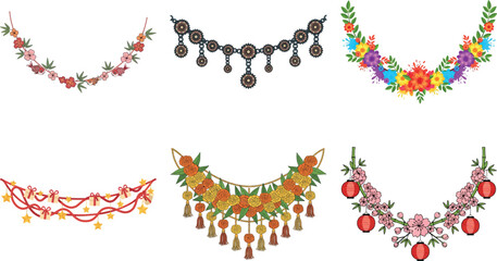 Collection of six decorative floral garlands isolated on transparent background, perfect for adding a touch of elegance